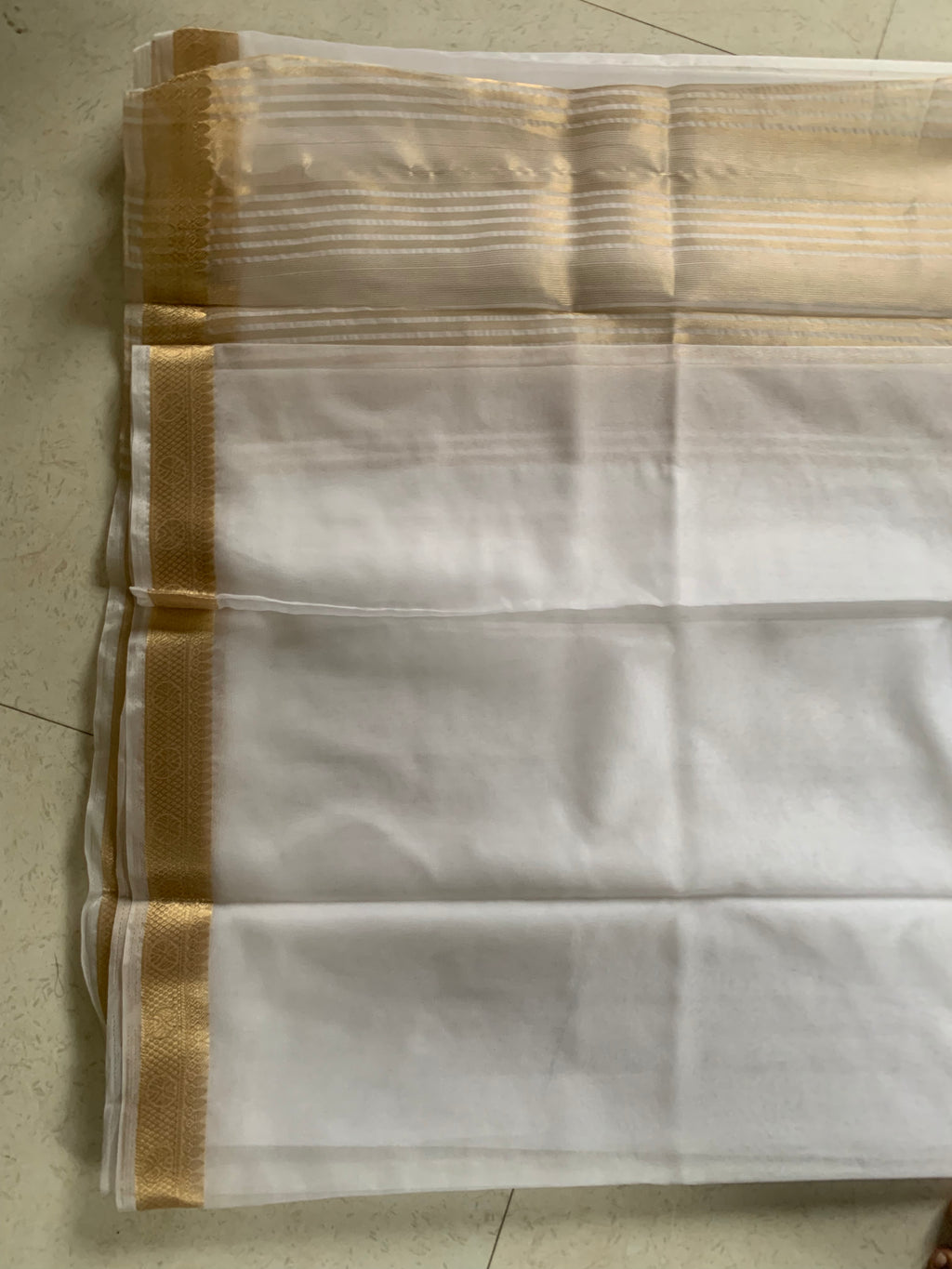 White Organza Saree with Traditional Gold Woven Border & Striped Pallu