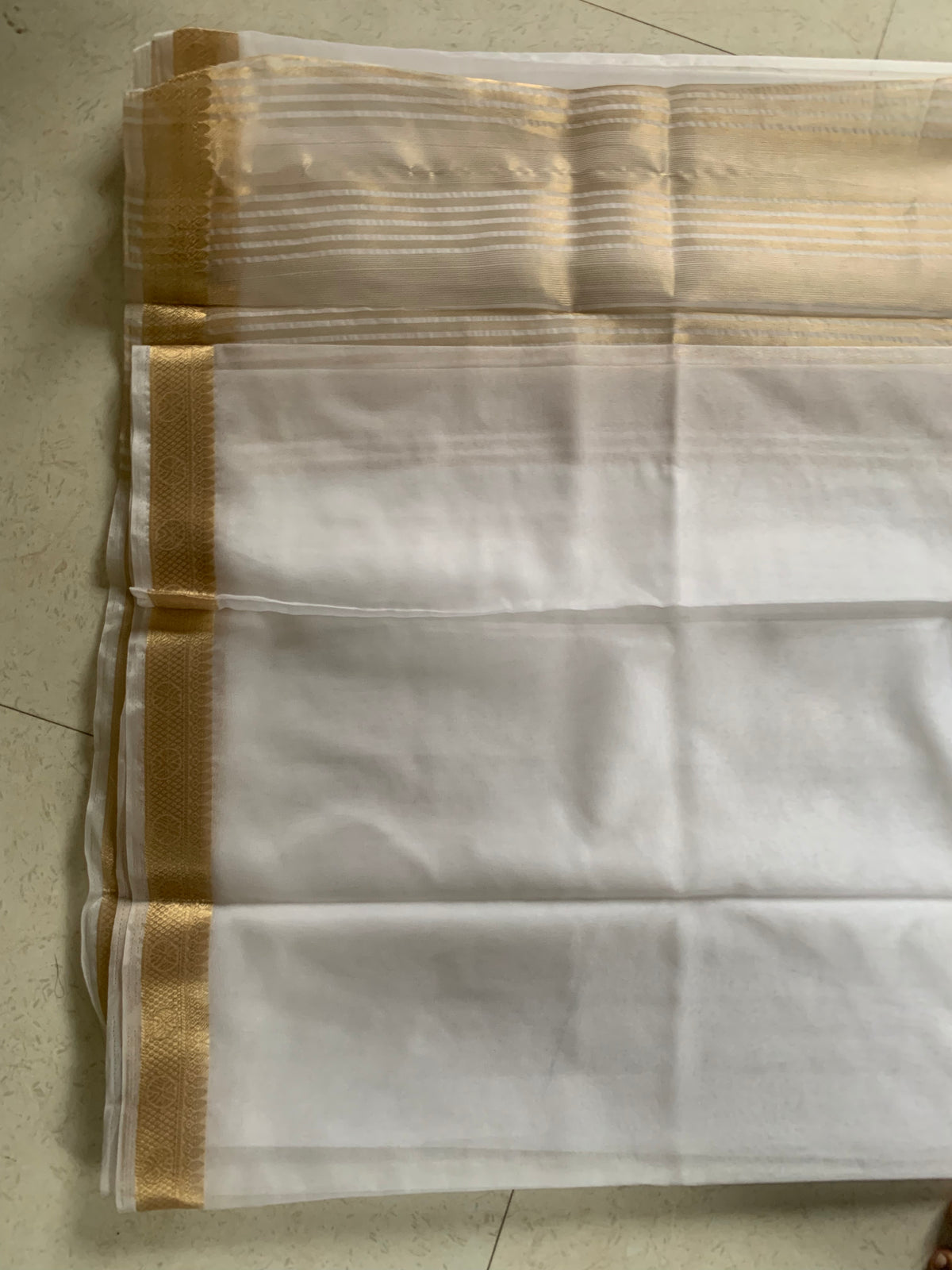 White Organza Saree with Traditional Gold Woven Border & Striped Pallu