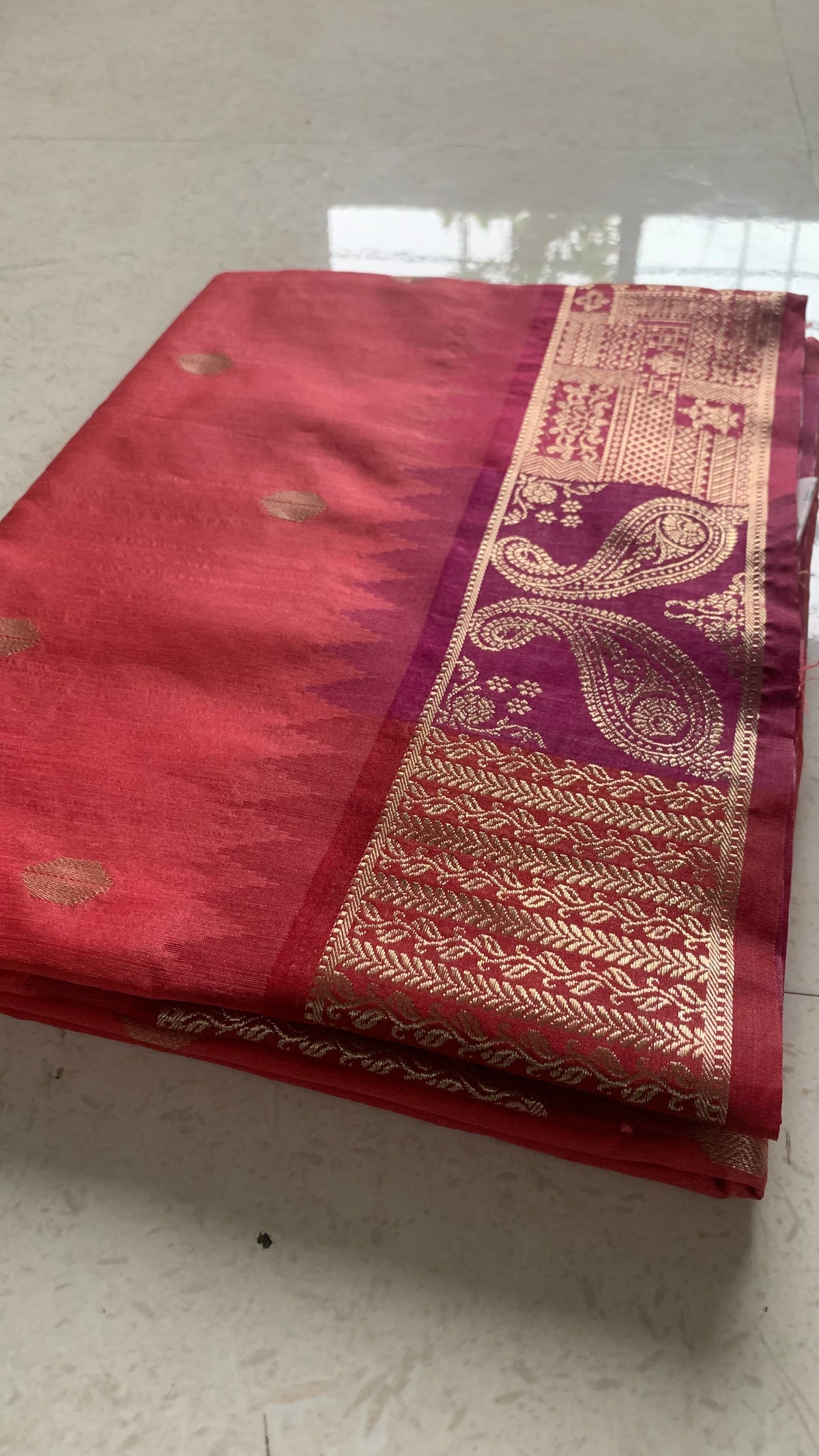 Coral Red Silk Kathpadar Saree with Gold Butti & Paisley Woven Border