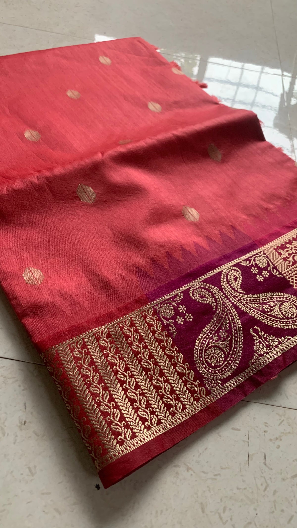 Coral Red Silk Kathpadar Saree with Gold Butti & Paisley Woven Border