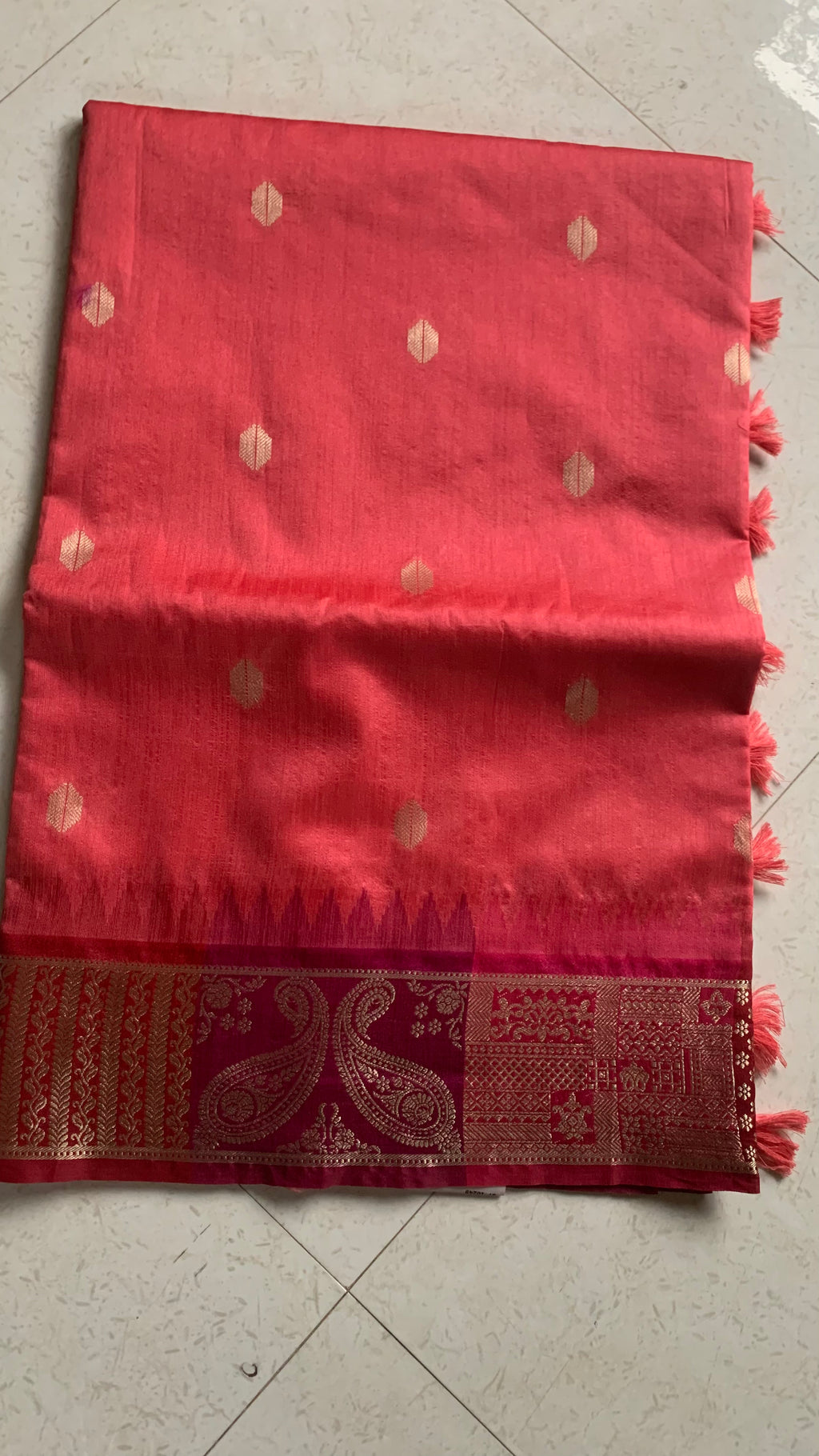 Coral Red Silk Kathpadar Saree with Gold Butti & Paisley Woven Border