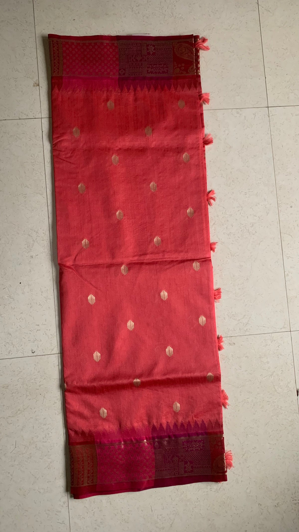 Coral Red Silk Kathpadar Saree with Gold Butti & Paisley Woven Border