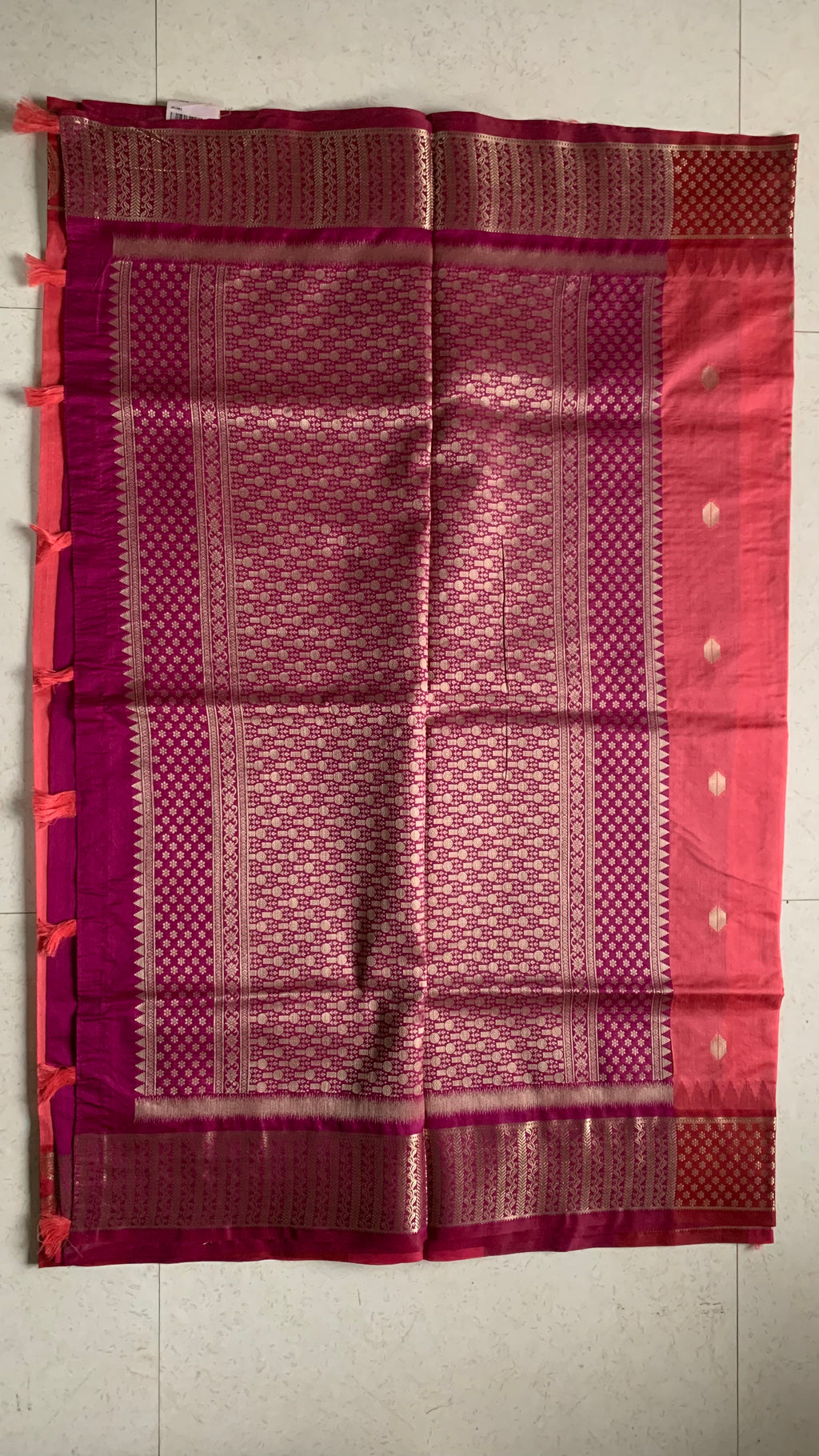 Coral Red Silk Kathpadar Saree with Gold Butti & Paisley Woven Border