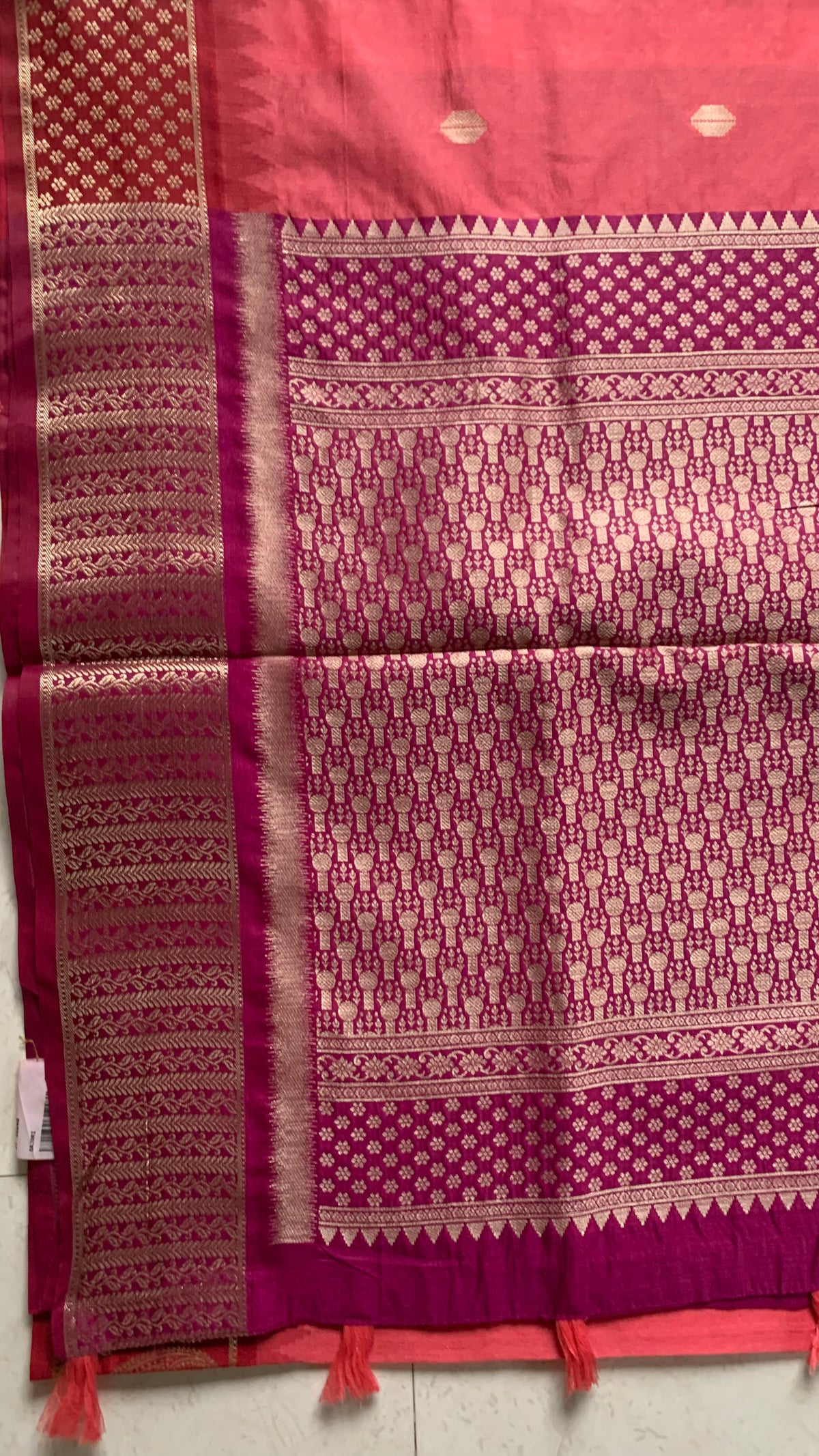 Coral Red Silk Kathpadar Saree with Gold Butti & Paisley Woven Border